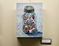 a painting of a mason jar filled with pieces of paper