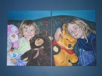 two paintings of little girls with teddy bears